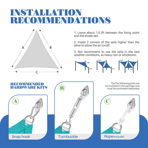 Installation guide for Turquoise 8x8x8 Foot Triangle Sun Shade Sail For Outdoor Patio Pergola Cover HDPE UV Resistant, showing recommended hardware.