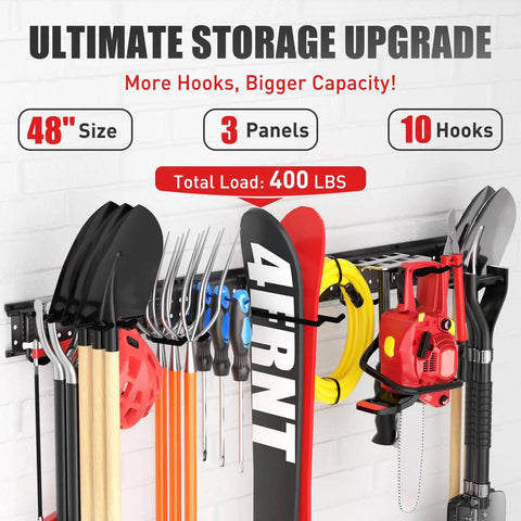 Garage Tool Organizer Wall Mount 48 Inch With 10 Adjustable Heavy Duty Hooks Holds Up To 400 Lbs Heavy-duty storage rack