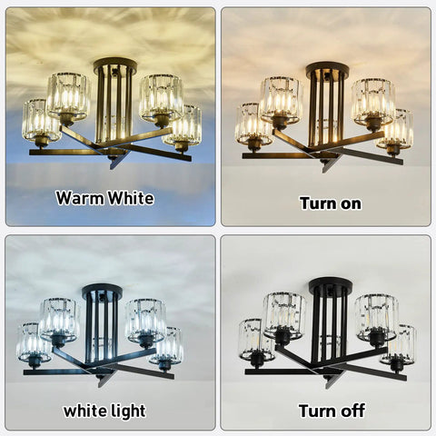 Five Light Crystal Chandelier In Dope Black Close To Ceiling Pendant Light Fixture showing warm and white light modes