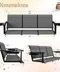 Diagram showing dimensions of Textilene 3 Seat Porch Swing With Cup Holder 5.3 Ft Patio Hangin Swing Bench in gray.