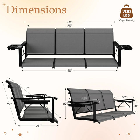 Diagram showing dimensions of Textilene 3 Seat Porch Swing With Cup Holder 5.3 Ft Patio Hangin Swing Bench in gray.