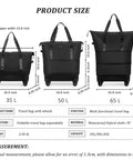 Front view of three foldable wheeled duffle bags (35L/50L/65L) in black, waterproof Oxford cloth with PC handles.