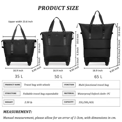 Front view of three foldable wheeled duffle bags (35L/50L/65L) in black, waterproof Oxford cloth with PC handles.