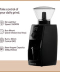 Pro Tier Stepless Grind Adjustment Coffee Grinder Featuring Precision Steel Burrs And Quick Release Design For Smooth Shot Pulling Or Effortless Daily Brewing In Slick Black Finish displaying technical specifications.