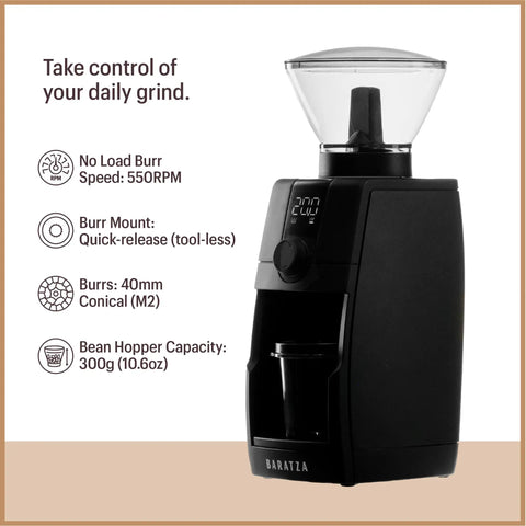 Pro Tier Stepless Grind Adjustment Coffee Grinder Featuring Precision Steel Burrs And Quick Release Design For Smooth Shot Pulling Or Effortless Daily Brewing In Slick Black Finish displaying technical specifications.