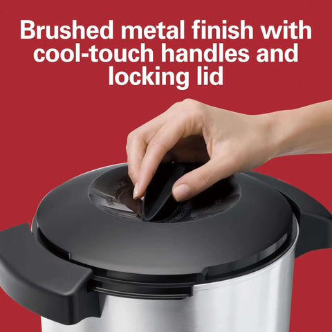Hand closing lid of Party Ready 45 Cup Coffee Urn And Hot Beverage Dispenser With Fast One Minute Per Cup Brew Crowd Friendly