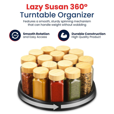 10 Inch Lazy Susan Turntable Set Of 4 Non Skid Cabinet Organizer with spices showing smooth rotation in durable plastic build.