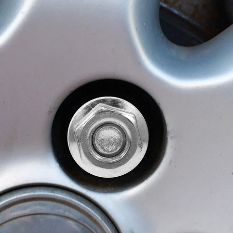 Heavy Duty Wheel Lug Nut Set With Anti Rust Coating For Safe Go Kart Install, Fits Atv Rims And Cars, Precision Flange Screws Secure Bolt Kit That Looks Sick And Stays Put Without Any Wobbles, silver metal lug nut on alloy wheel rim