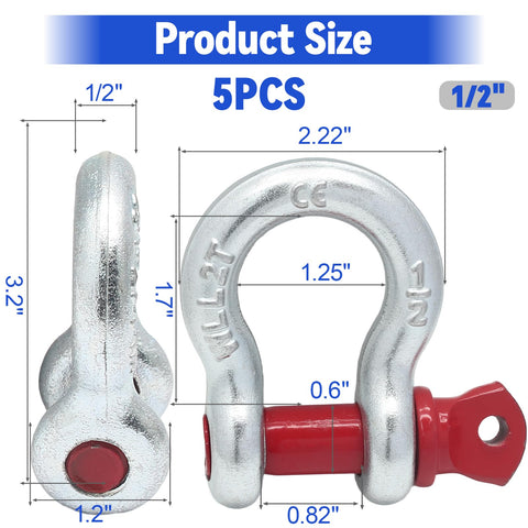Five Pack Heavy Duty D Ring Anchor Shackles One Half Inch Galvanized Clevis Shackle Screw Pin Two Ton Load Capacity For Tow Straps Winch Traction And Vehicle Recovery Great For Off Road Recovery And Tough Towing Jobs In All Weather product dimensions and details.