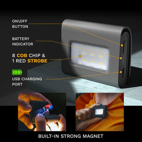 Clip On LED Running Lights 2 Pack USB Rechargeable Reflective with magnet and charging port, close-up of light and wearing