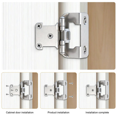 Heavy Duty Self Closing Cabinet Hinges Twenty Five Pairs Brushed Nickel Face Mount With Semi Concealed One Half Inch Overlay For Kitchen Cupboards Built Tough No Sweat Setup Guaranteed installed on a cabinet door.