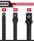 Three impact-grade socket adapters from ARES with 1/4, 3/8, and 1/2 inch drives for turning your drill into a high-speed driver.
