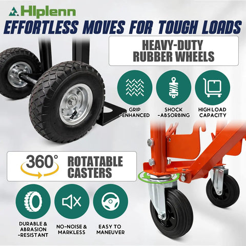 Beefy Aluminum 4 In 1 Convertible Hand Truck Dolly With Four Smooth Wheels and Heavy Duty Frame showing heavy-duty rubber wheels and casters.