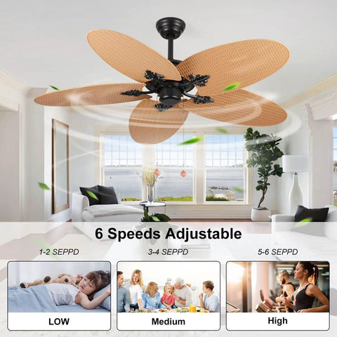 52-Inch Tropical Palm Leaf Ceiling Fan (No Light) with hand-woven rattan blades in a modern living room setting.