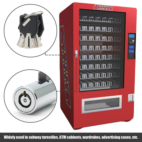 High Security Vending Machine Lock and Key Kit for Soda Snack and Candy Machines With Tubular Keyway Tamper Proof Cylinder and Keyed Different Replacement for Coke Gumball Machines by Qjaiune shown with vending machine