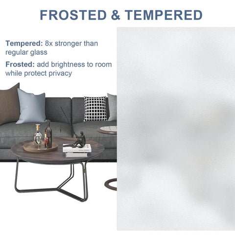 Image showing features of frosted and tempered glass for 42 Inch By 84 Inch Five Panel Sliding Barn Door With Tempered Frosted Glass, Interior Room Door With Hardware Kit Included, Prefinished Surface, Pre Drilled Holes, Easy Assembly For Modern Home.