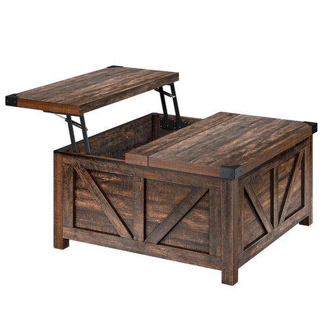 Dope Farmhouse Lift Top Coffee Table With Storage And USB Charging Station Wood Square Center Table With Hidden Space Brown