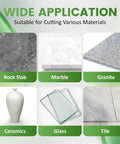 Wide application of Heavy Duty 4.5 Inch Diamond Cutting Disc Set For Angle Grinder shown on rock slab, marble, granite, ceramics, glass, and tile.