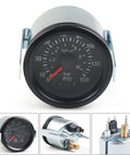 Front view of Dyno Racing 2-inch mechanical oil pressure gauge with black dial, red needle, 0-150 psi (0-10 bar)