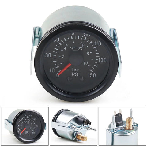 Front view of Dyno Racing 2-inch mechanical oil pressure gauge with black dial, red needle, 0-150 psi (0-10 bar)