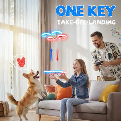Family enjoying Easy To Fly RC Drone For Kids And Adults With 3 Batteries And 24 Minute Flight Time Anti Collision Quadcopter inside living room