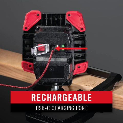 Back view of High-Output LED Work Light With 3900 Lumen Rechargeable Dual-Power Clamp showing USB-C charging port.