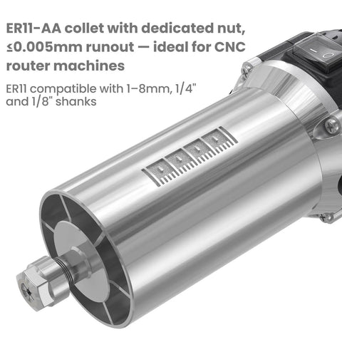 710W CNC Router Spindle Motor With Speed Display And Six Speed Settings, 7,000 To 30,000 RPM, 65mm Diameter, shown with ER11 collet