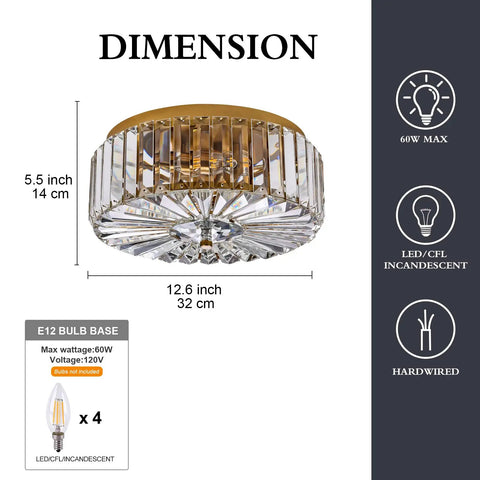 Four Light Crystal Drum Ceiling Light Fixture With Gold Brass Finish, Flush Mount Round Metal Shade, Dimmable And E12 Bulb Compatible, Luxe Modern Glow That Slaps In Dining Room, Living Room, Bedroom, And Bathroom