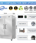 Heavy Duty Commercial Upright Freezer Rocking Slick Digital Temp Display Eight High Capacity Shelves Kickass Auto Defrost And Forty Nine Cubic Feet Of Storage with stainless steel finish and specs.