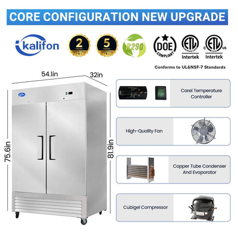 Heavy Duty Commercial Upright Freezer Rocking Slick Digital Temp Display Eight High Capacity Shelves Kickass Auto Defrost And Forty Nine Cubic Feet Of Storage with stainless steel finish and specs.
