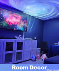 Immersive Galaxy Projector With Nebula Shapes And Large Coverage Area Bluetooth Speaker Night Light in a decorated room.