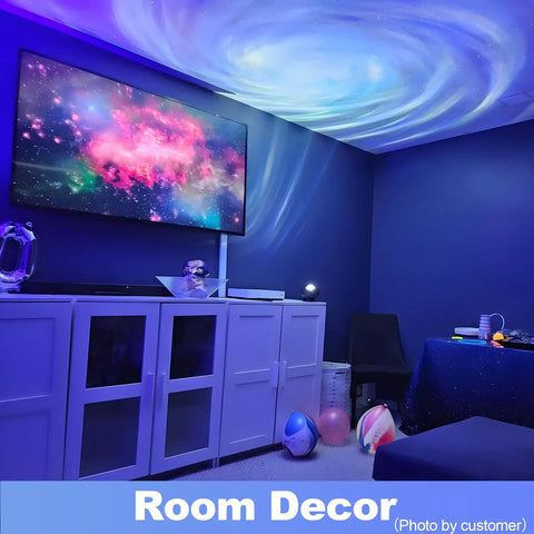 Immersive Galaxy Projector With Nebula Shapes And Large Coverage Area Bluetooth Speaker Night Light in a decorated room.