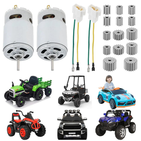 Two Pack 24V DC Motors, 25,000 RPM high speed drive motors for kid's ride on cars, replacement electric car motors, gear set shown
