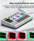 Live Sound Card With Lit RGB Lighting Effects Noise Reduction And Pro Audio Mixer Metal Body And Indicator Panel Audio Interface And Voice Changer DJ Mixer For Live Streaming Gaming Podcasts Karaoke Sessions on desk with special effects buttons.