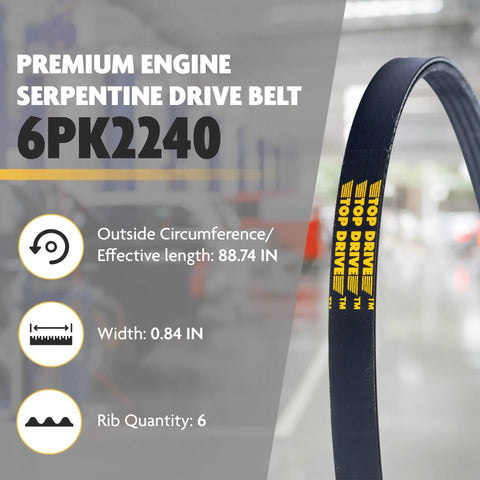 EPDM Serpentine Drive Belt 6PK2240 Premium Engine Belt For Auto Repairs, Durable Polyester Cord, Plug And Play Install, 88.74 Inch Outside Circumference, K060882 5060882 Compatible.