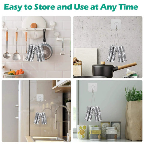 Stainless Steel Slicer Shredder Attachment for KitchenAid Mixers hanging in various kitchen settings for easy storage.