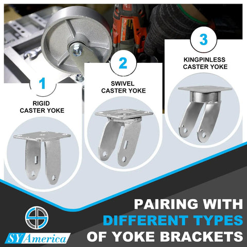 Comparison of rigid, swivel, and kingpinless caster yokes for Beefy Industrial Cast Iron Caster Wheels 8 Inch By 2 Inch.