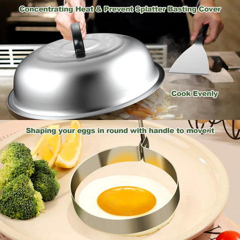 237 Pcs Griddle Accessories Kit For Flat Top Grills including basting cover, spatula, and egg ring on grill and plate