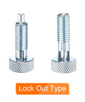 Built Tough M8x1.25 Spring Plunger With Knurled Grip Handle And 4mm Detent Pin Chrome Plated Rust Resistant Carbon Steel Quick Release Tool Hardware Two Pack showing a close-up of two spring detent plungers.