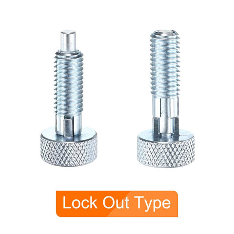 Built Tough M8x1.25 Spring Plunger With Knurled Grip Handle And 4mm Detent Pin Chrome Plated Rust Resistant Carbon Steel Quick Release Tool Hardware Two Pack showing a close-up of two spring detent plungers.