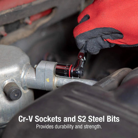 Using Handy 1/4 Inch Drive Dual Flex Head Ratchet Set to tighten bolt in tight automotive space.