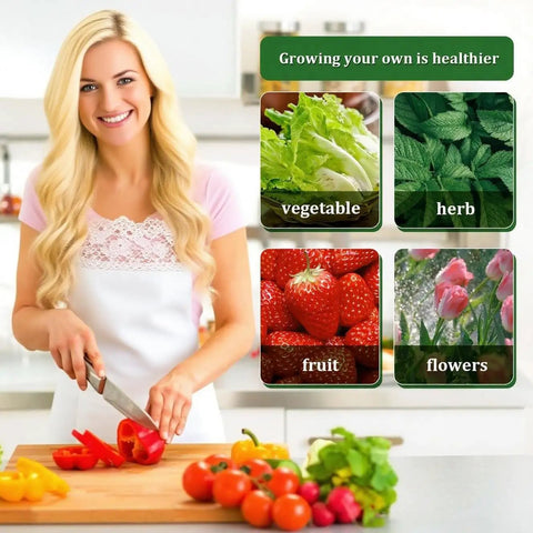 Woman in kitchen with fresh vegetables and fruits, showing benefits of growing with Hydroponic Growing System Kit With Aeroponic Tower 50 Hole Vertical Garden For Vegetables Herbs And Flowers Includes Pump And Mobile Water Tank No Fuss Setup Space Saving All In One Indoor Farm.
