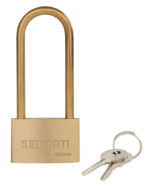 Padlock, SEDORTI weatherproof solid brass with long shackle, 1.5-inch wide, includes two keys