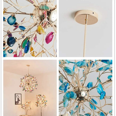 Colorful modern chandelier with hanging glass ornaments displayed in detail and room setting