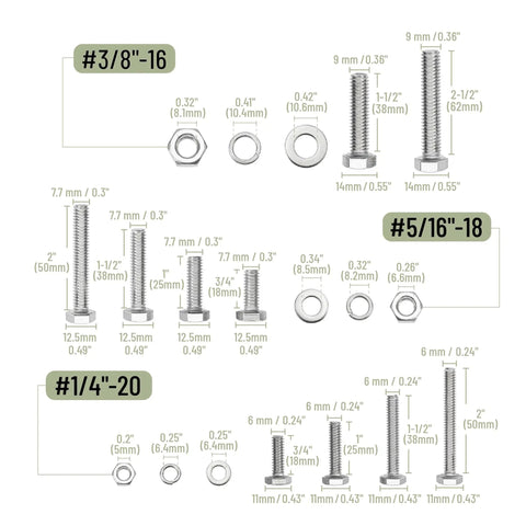 Heavy Duty Hex Head Nuts And Bolts Assortment Kit With 246 Pieces Stainless Steel Machine Screws Lock Washers Flat Washers For Home Fix Ups And Garage Days Built Tough - various sizes and dimensions displayed.
