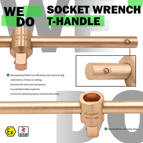 Close-up of Non Sparking Beryllium Copper Tools Set 32 Piece Spark Free Kit T-handle with safety feature for hazardous environments.