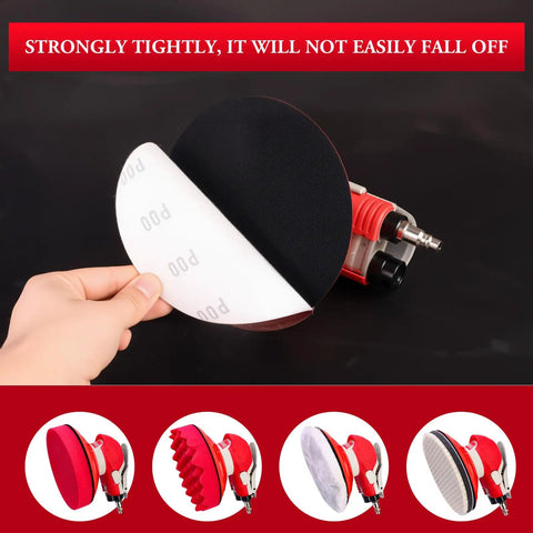 High Speed 5mm Orbit Pneumatic Orbital Sander Pro Grade showing adhesive backing removal focused on sanding head attachment.