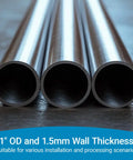 Front view of three 1 in OD stainless steel tubes, 20 in length, 1.5 mm wall thickness.