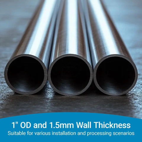 Front view of three 1 in OD stainless steel tubes, 20 in length, 1.5 mm wall thickness.