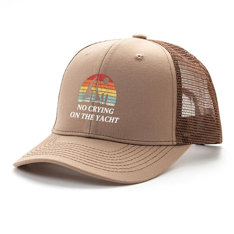Cool Women Trucker Cap For Girls Distressed Washed Low Profile Baseball Hat with "No Crying on the Yacht" text and mesh back